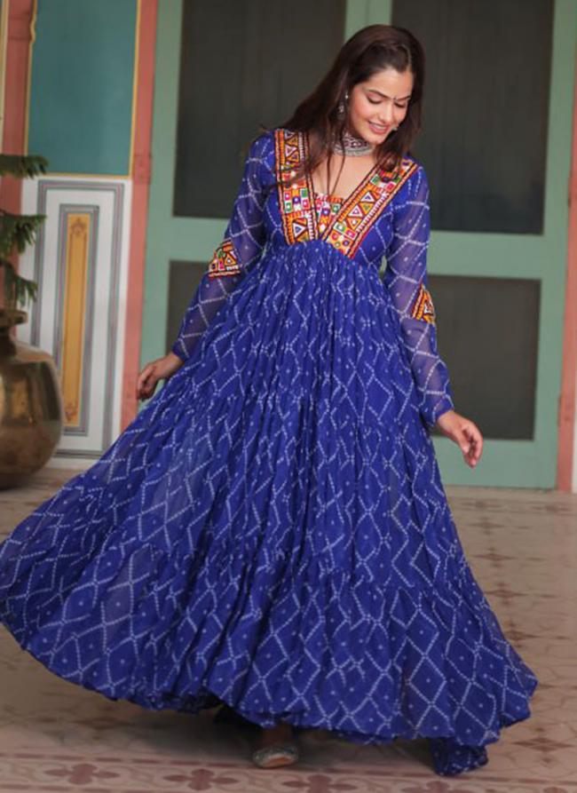 Faux Georgette Blue Festival Wear Bandhani Print Readymade Gown